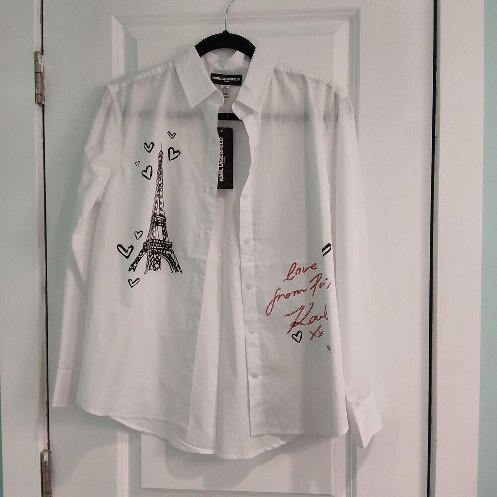 KARL LAGERFELD Paris Love From Paris Eiffel Tower Sequin Shirt Size XS $119